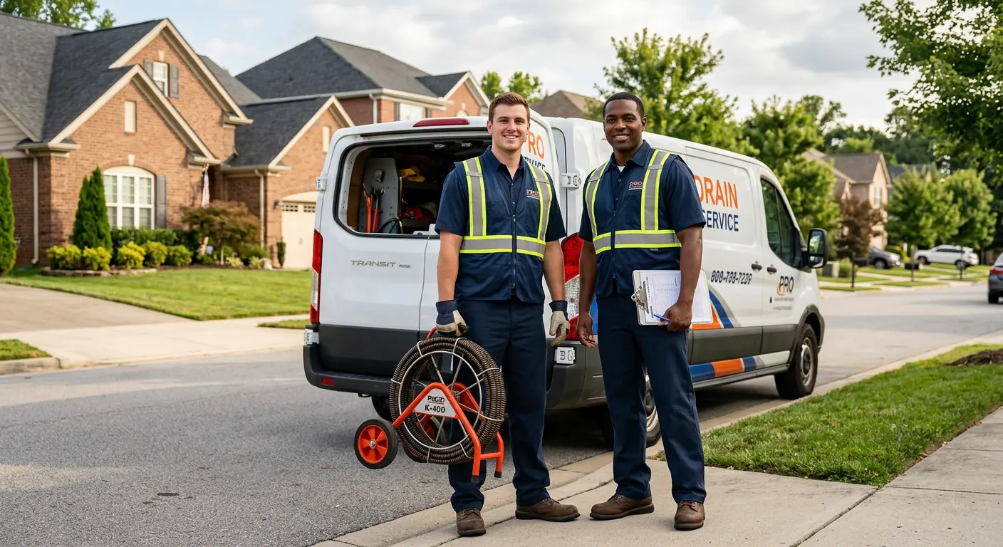 Sewer and drain service team with equipment ready for work in North Oaks