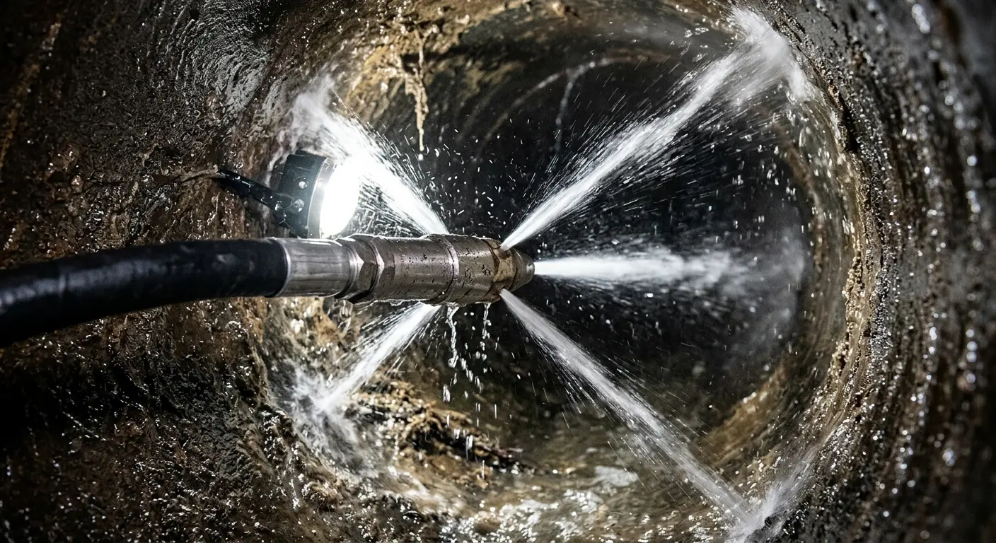 High-pressure hydro jetting nozzle cleaning sewer pipe for Trenchless Sewer Repair in North Oaks