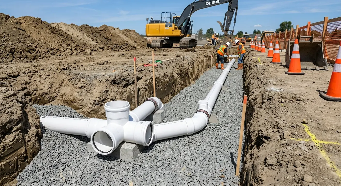 New PVC sewer pipe installation in open trench for Sewer Backup in North Oaks
