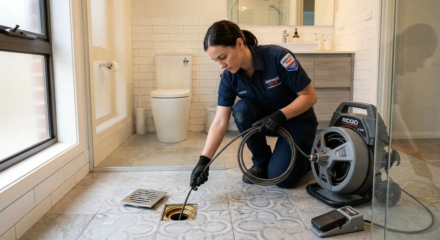 Technician clearing a bathroom floor drain for Hydro Jetting in North Oaks